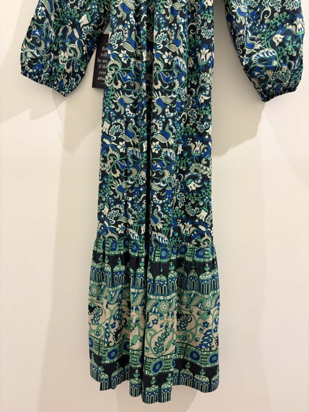 Tuckernuck Lyles Dress Green Batik Floral Puff Sleeve Belted Midi Size M NWT - Picture 6 of 8